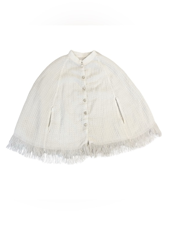 Vintage Jackets & Blazers - Vintage White Knit Poncho Cape Wedding Fringe Boho Bohemian Hippie Button Up